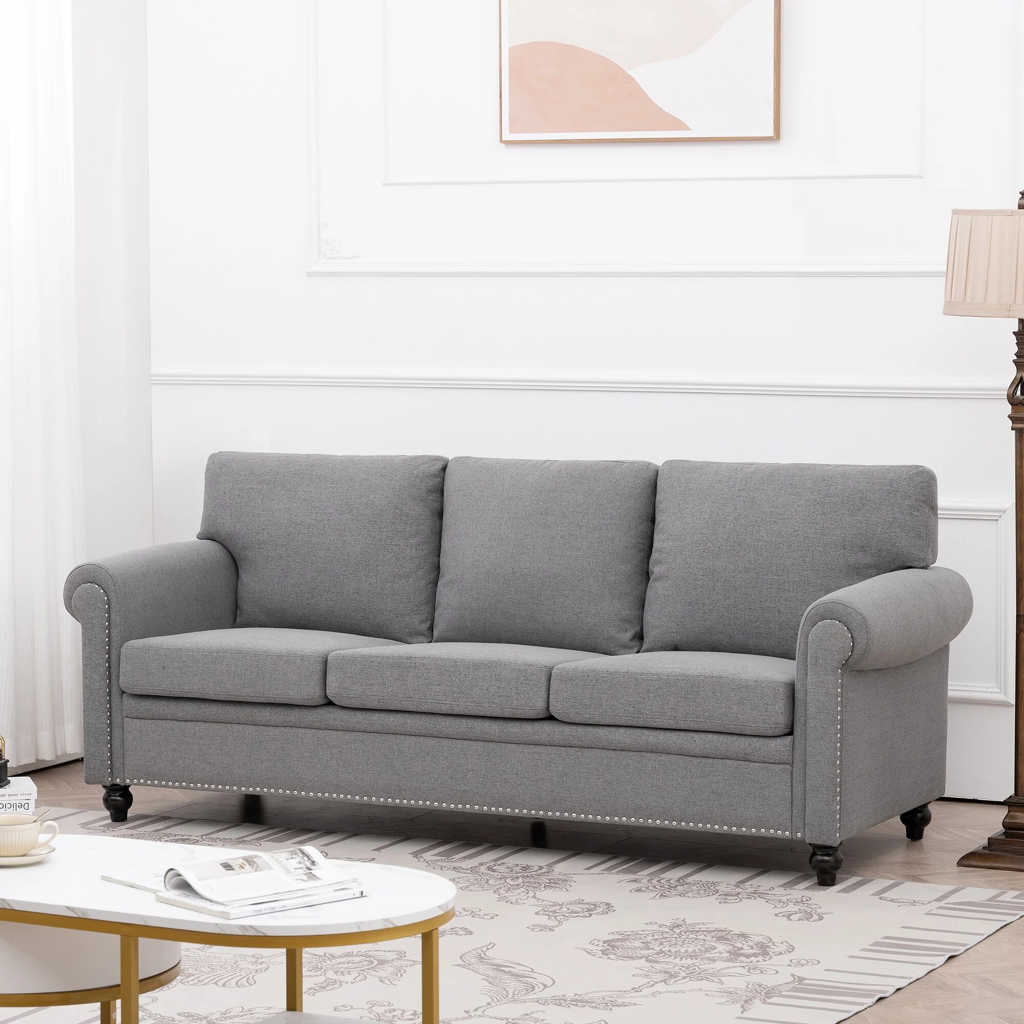 Grey 83.86 Upholstered 3-seater Sofa with Nailheads and Birch Feet for Living Room