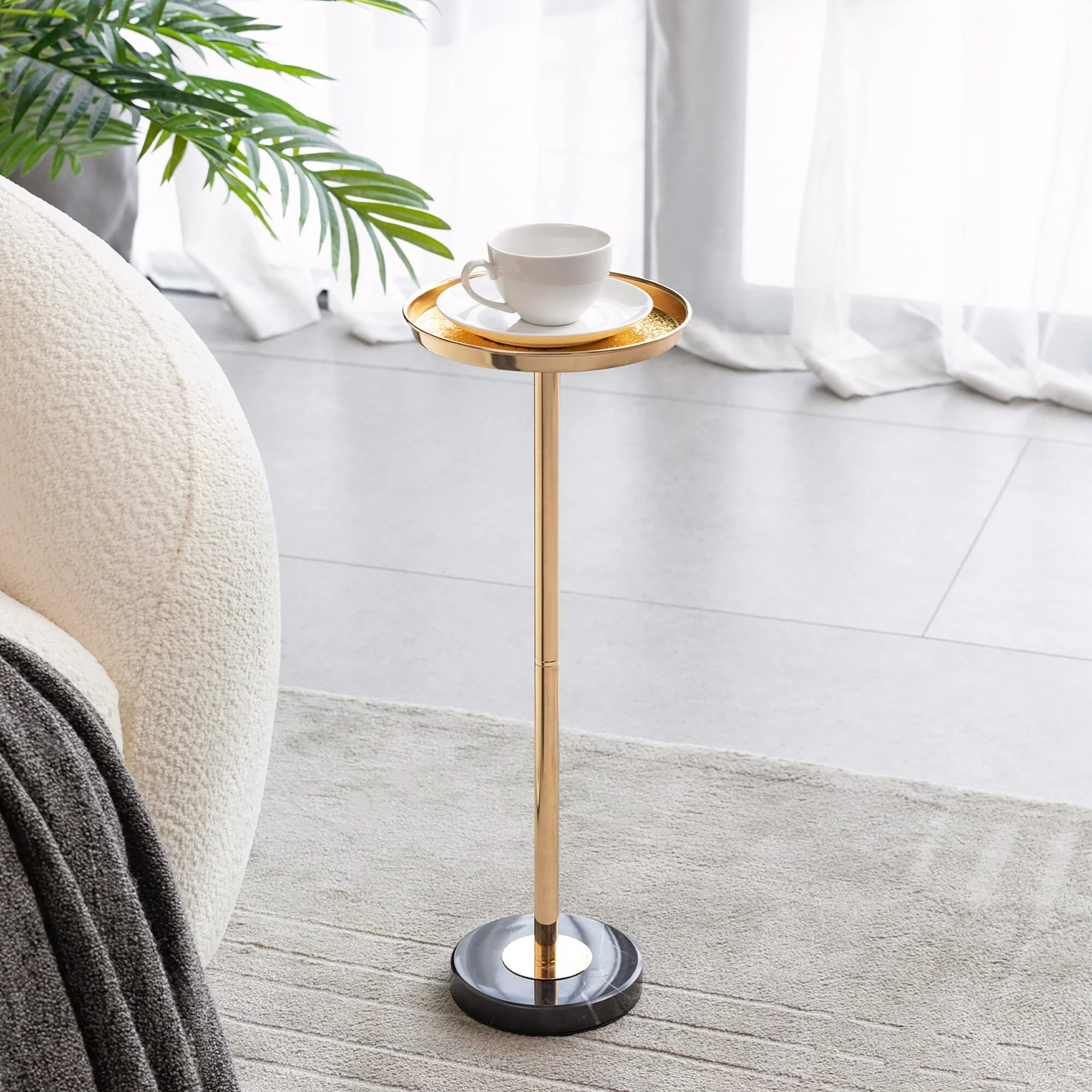 Adjustable Side Table, Small Tea Martini Table, Gold, Natural Marble Decorative Pedestal End Table for Display and Storage