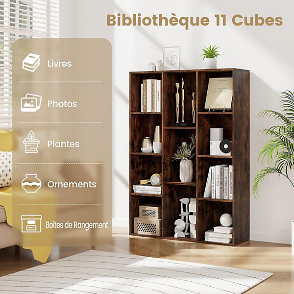 Bibliothèque Ouverte à 11 Cubes, avec Kits Anti-basculement, Position Verticale ou Horizontale, (Marron)