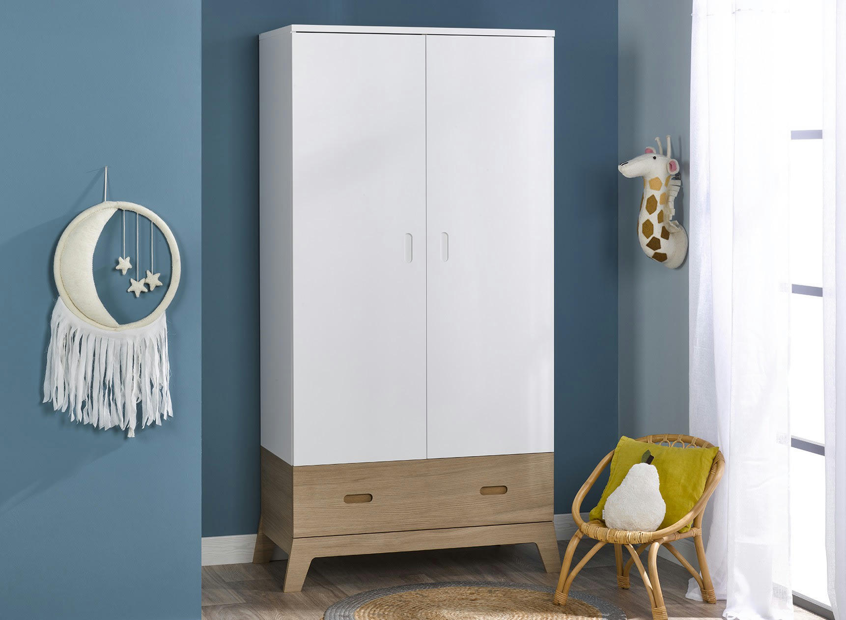 EKKO - Armoire 2 portes 1 tiroir Blanc et Chêne