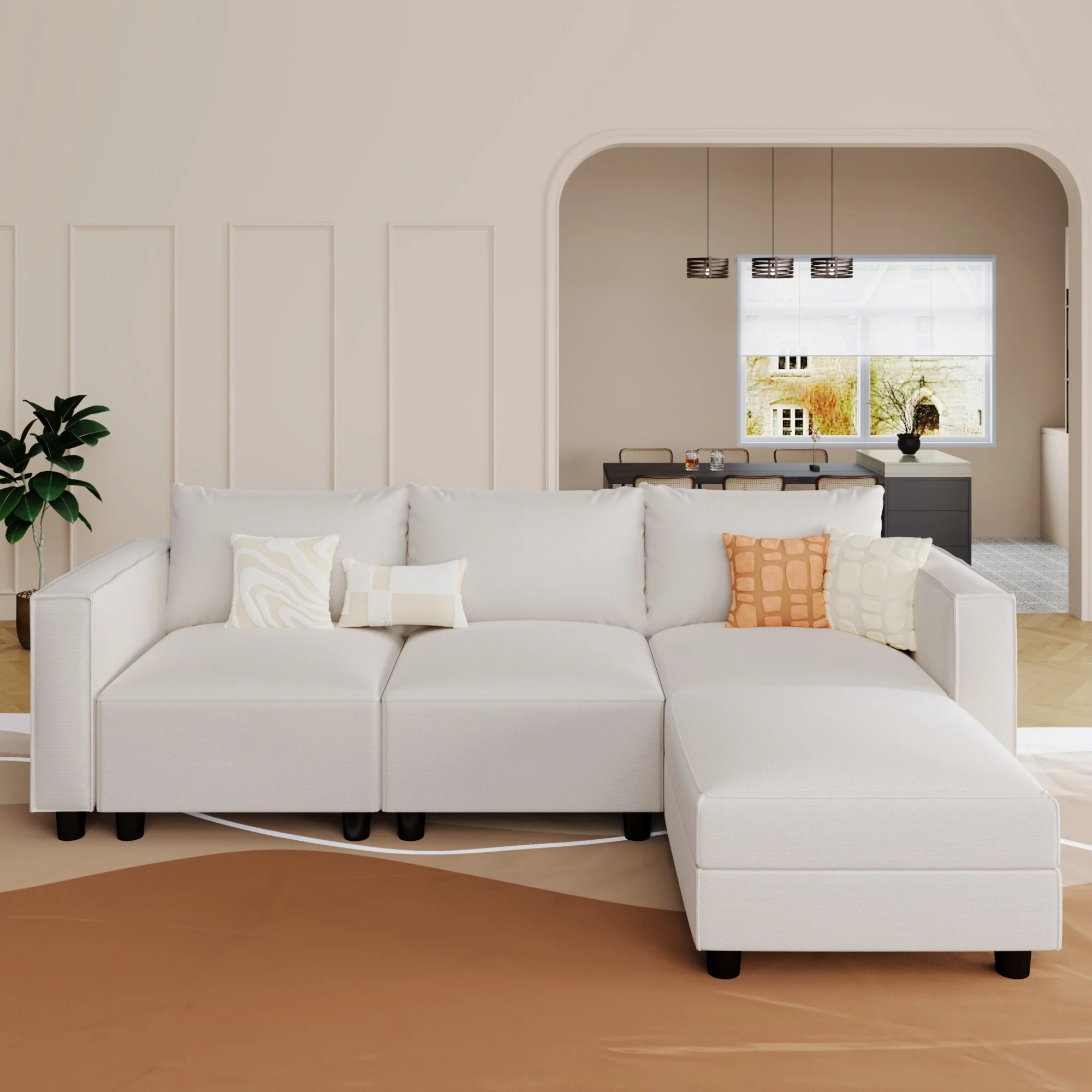 Modern Sectional L Shaped Corner Sofa Convertible Minimalist 4 Seaters Removable Fabric Linen Couches with Storage Box