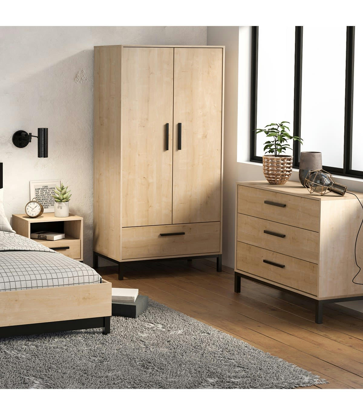 CRAFT - Armoire 2 portes et 1 tiroir effet bois - L91 - H180 cm