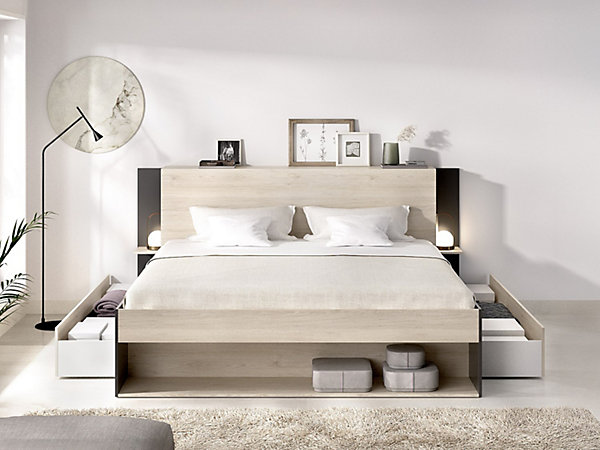 Lit 140 x 190 cm avec rangements - Coloris : Naturel et noir - KEROSIA