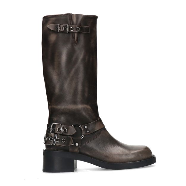Greywashed buckle biker boots