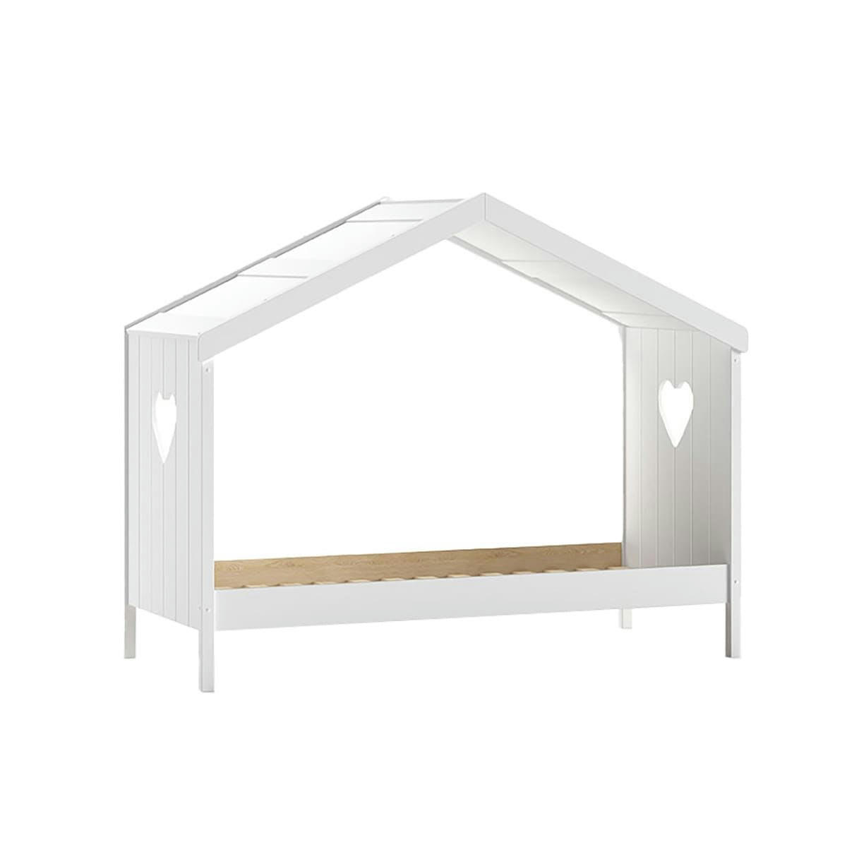 MILADY - Lit  cabane ouvert 90x200cm blanc motifs coeurs ajourés