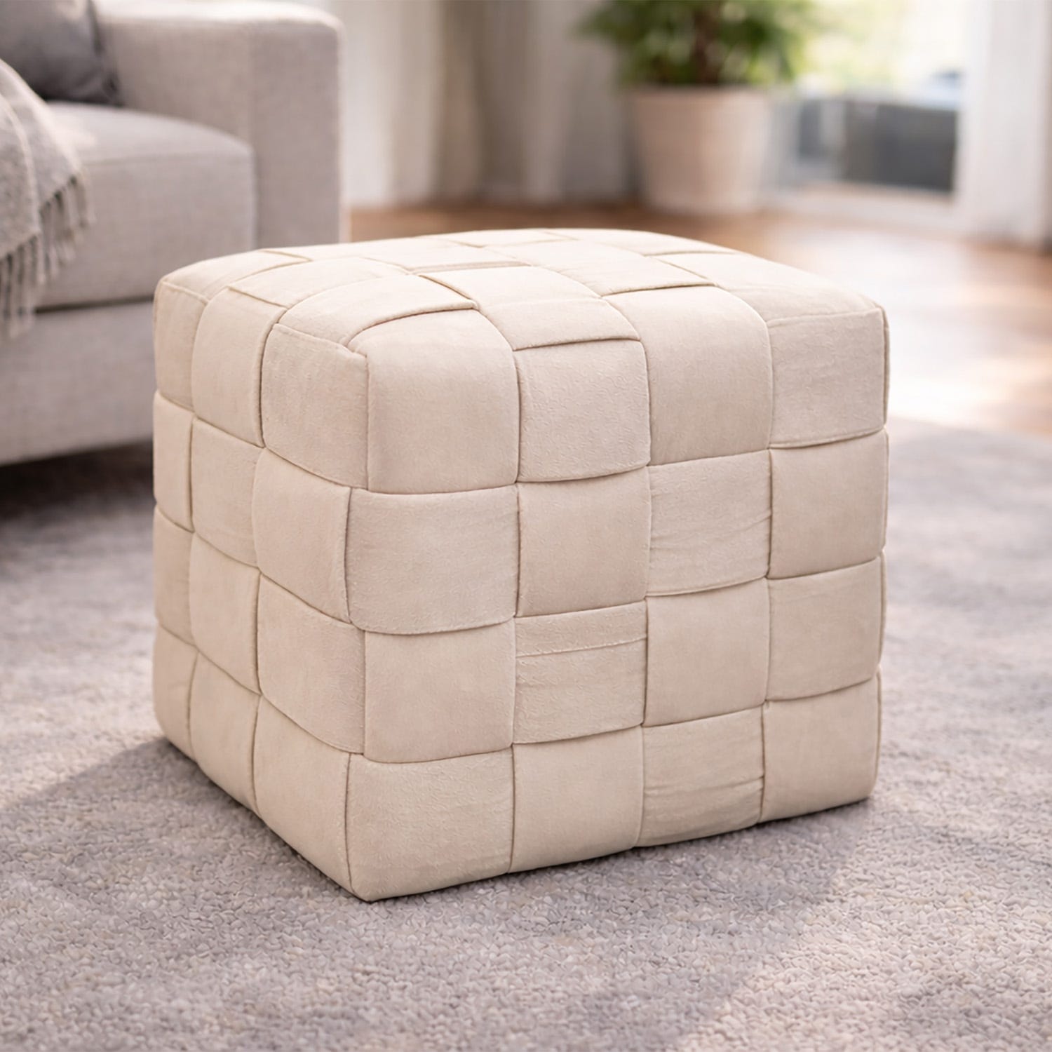 Pouf cubo intrecciato velluto crema 41 cm
