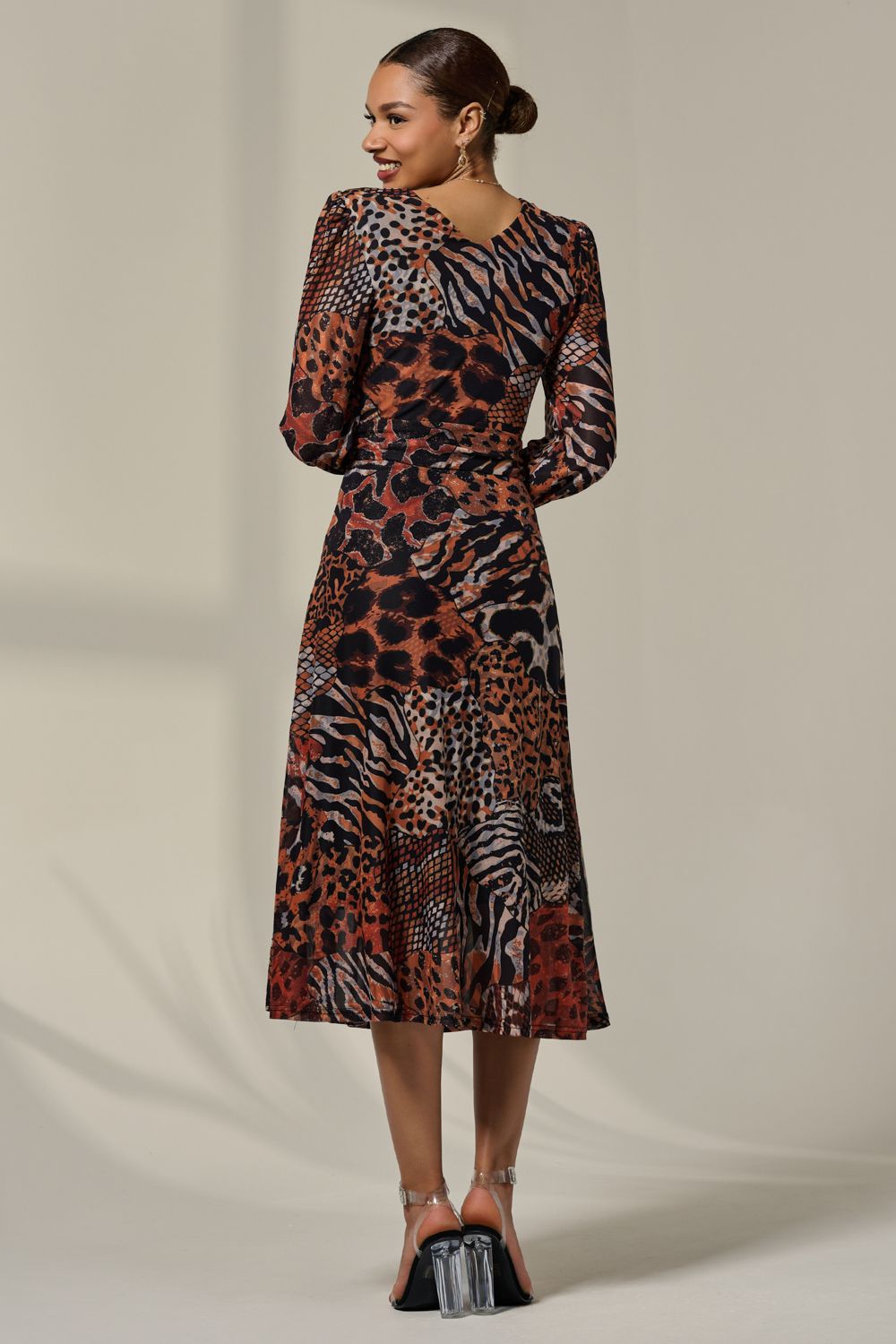 Jolie Moi Mesh Long Ruffle Sleeve Midaxi Dress