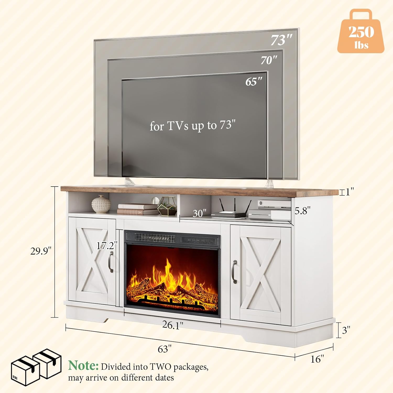 AMERLIFE 63 Farmhouse TV Stand with 26 Fireplace, for TVs up to 73, Media Entertainment Center with Adjustable Shelf & Barn Doors, Rustic TV Console Cabinet for Living Room, Rustic Oak & White
