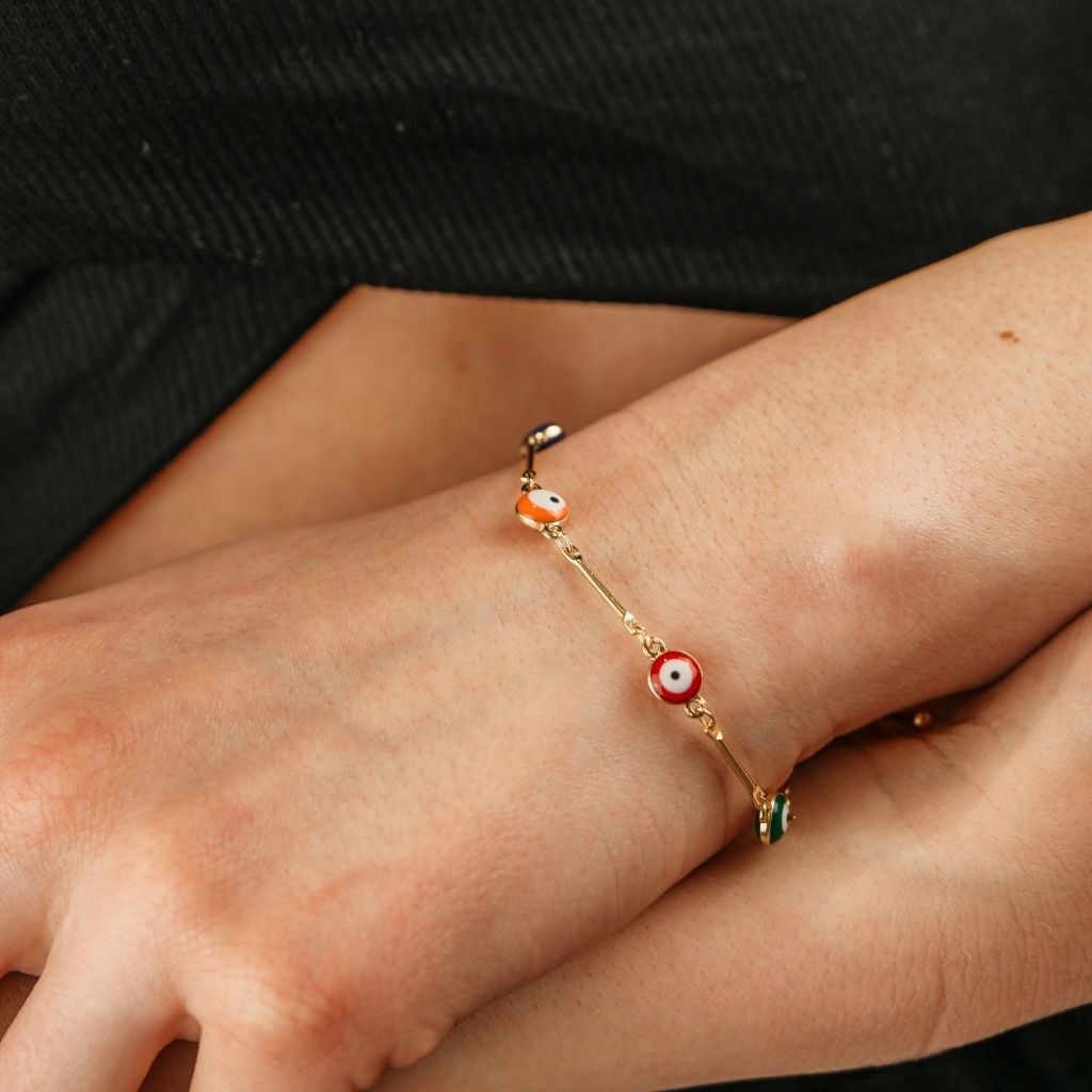 The Colourful Aura Gold and Silver Evil Eye Charm Dainty Minimalist Protection Bracelet