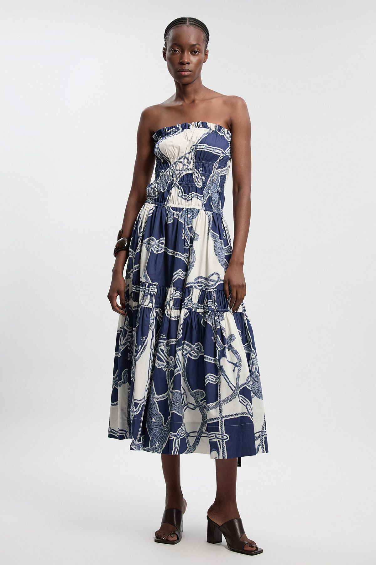 KarenMillen Shirred Cotton Tiered Chain Print Bandeau Woven Maxi Dress