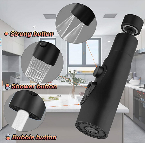 BASHLWUA (Noir) Aérateur de robinet, bec de robinet de cuisine rotatif à 360 avec pommeau de douche à 3 modes Aérateur de robinet