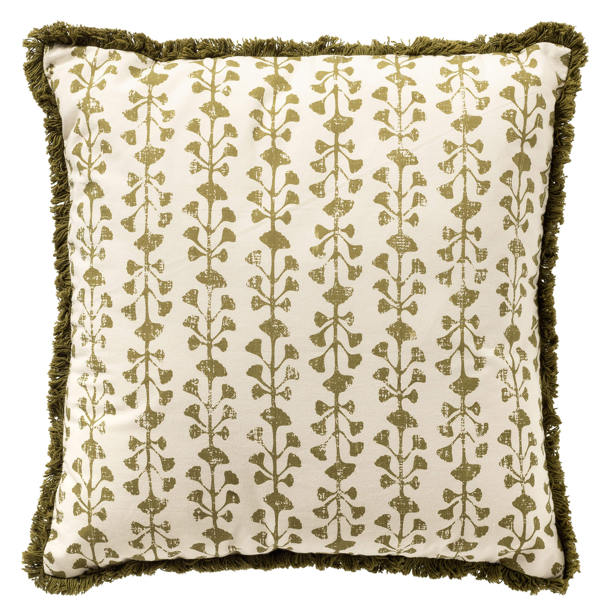 FRANCINE - sierkussen 45x45 cm - 100% katoen - bladmotief en franjes - Green Moss - groen