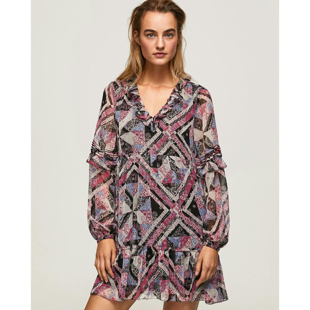 Robe courte imprimée, volantée