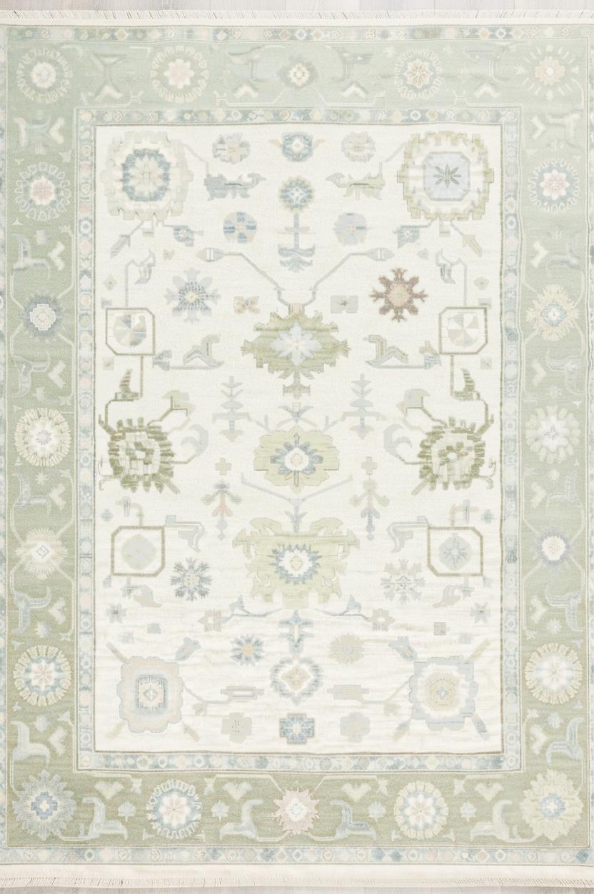 Sage Green Oushak Rug, Hand Knotted Wool Floral Area Carpet, Pastel Turkish Style Traditional Decor for Living Room, Bedroom, Custom Size