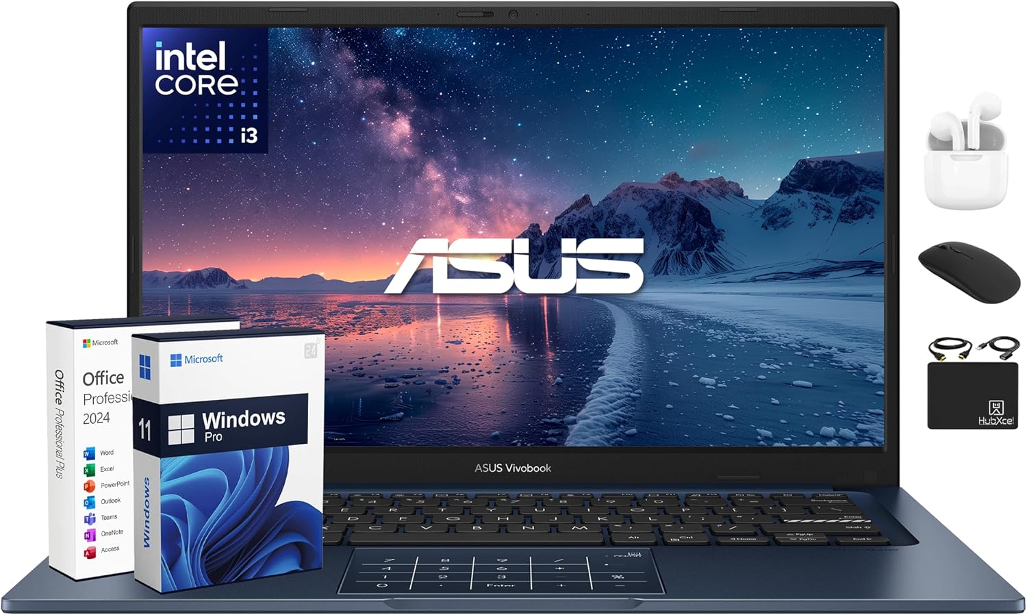 ASUS Vivobook 14 FHD Laptop for for Student Business 2025  AI-Powered Computer  6-Core Intel i3  16GB RAM & 1TB Storage (512GB SSD + 500GB Ext)  HubxcelAccessory  WiFi  Win 11 Pro  Lifetime MS Office