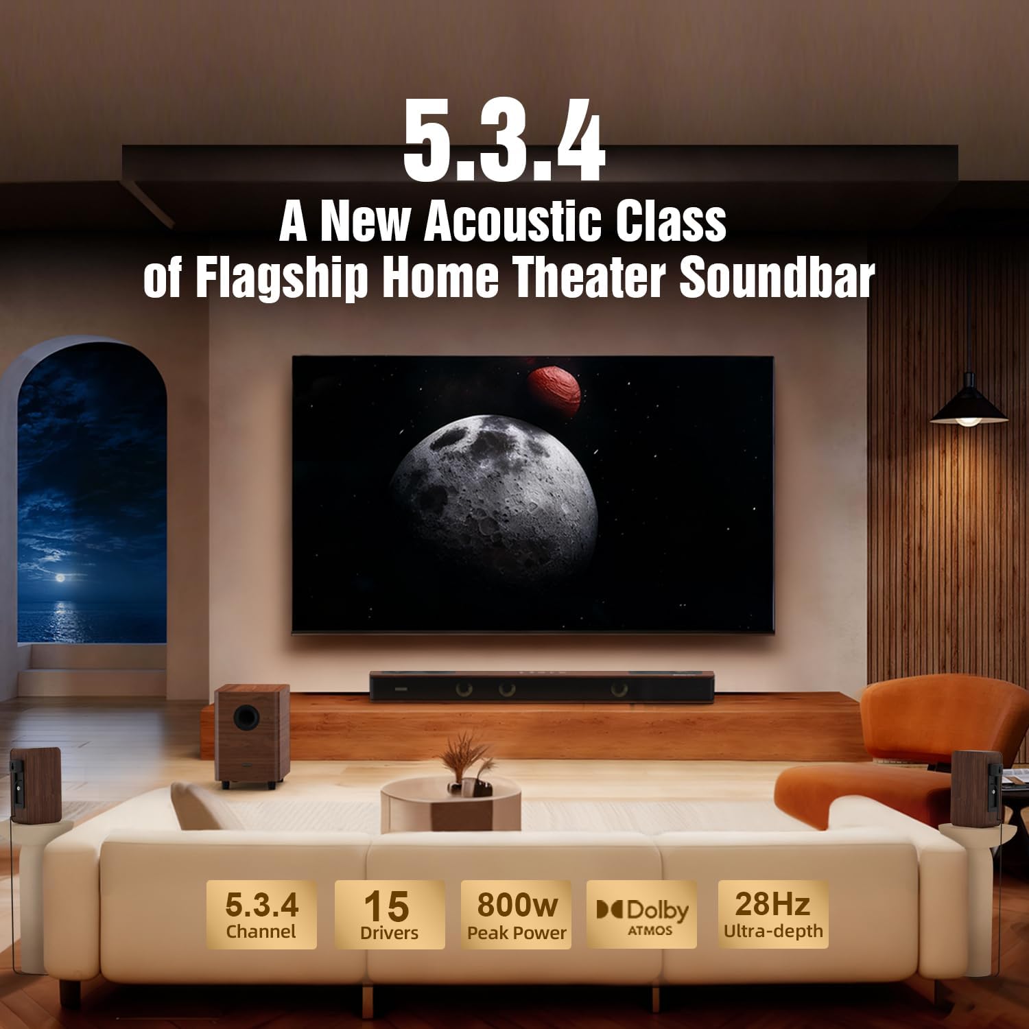 Flagship 5.3.4 Soundbar with Dolby Atmos, 800W Sound Bar for Smart TV with Subwoofer, 2 Wireless Rear Speakers, BassCoupling Tech for 28Hz Depth, Home Theater Surround Sound System Works eARC, BT 5.4