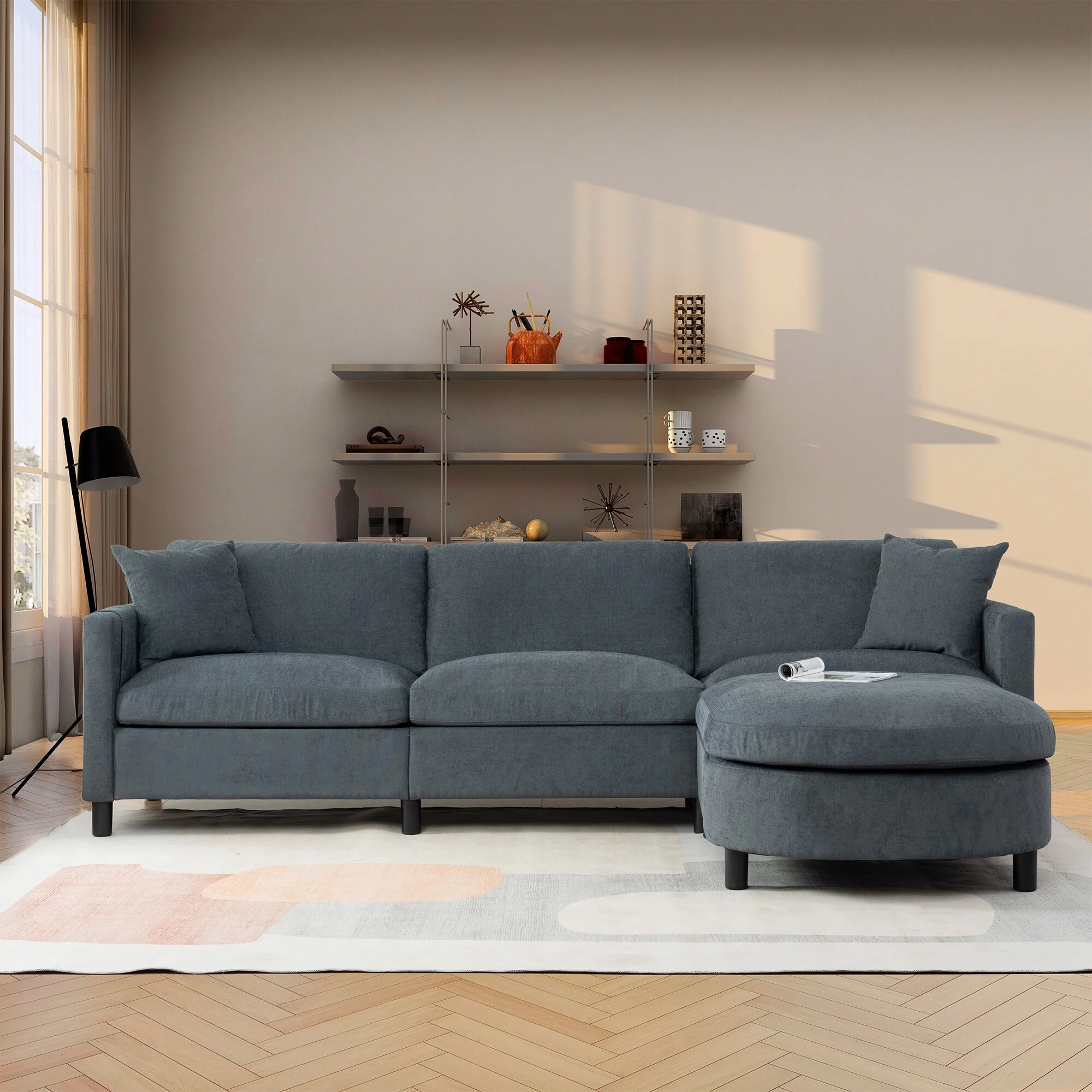 4-seat Sectional Sofa with Curved Ottoman Chaise and Side Pocket