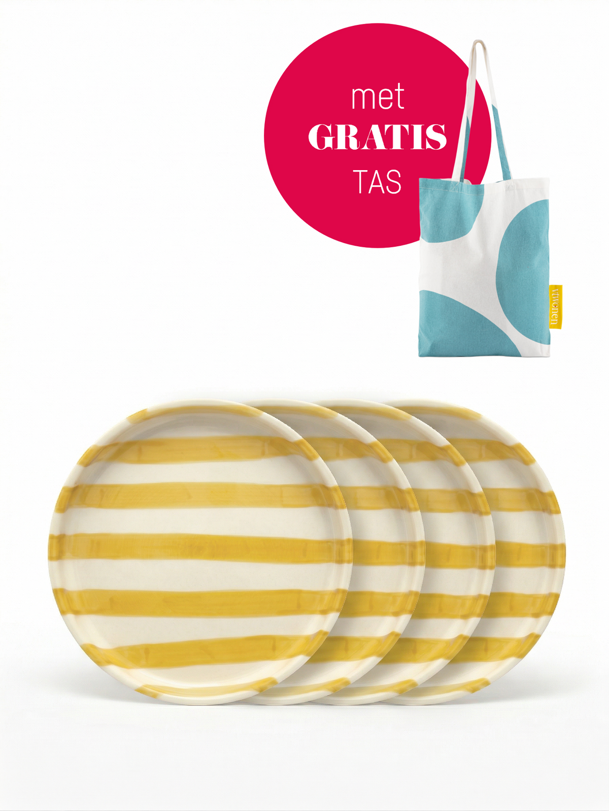 vtwonen - Gebaksbord - Strepen - Geel - Keramiek - 13cm - Set van 4