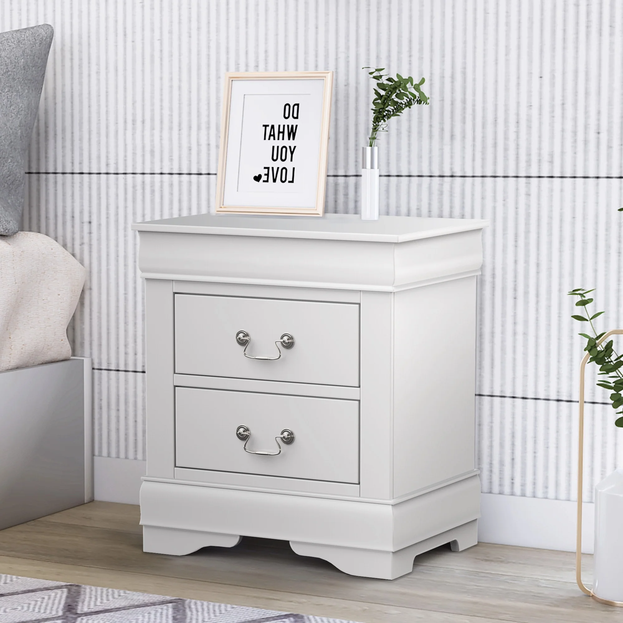 Modern White Solid Wood 2-Drawer Nightstand Bedside Table