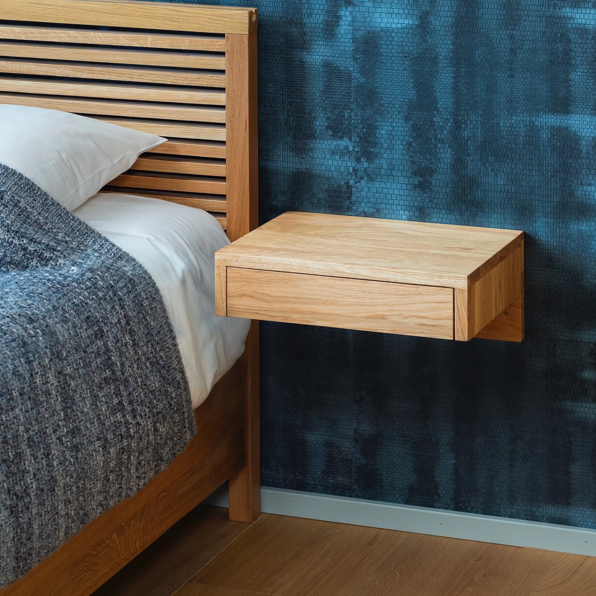 Scandinavian Oak Bedside Table, Modern Floating Side Table with Drawer