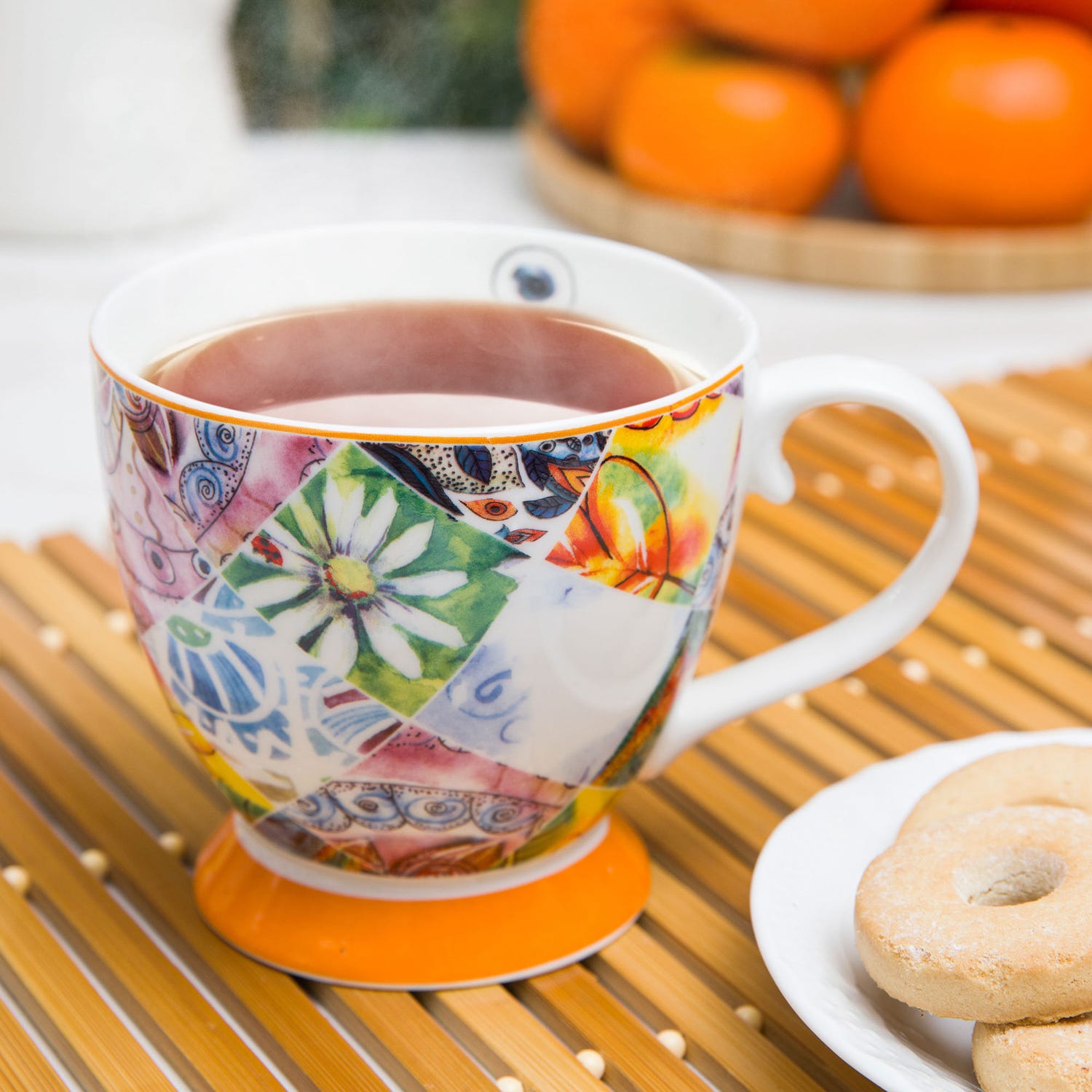 Tazza tè fiori arancione in New Bone China, 450 ml