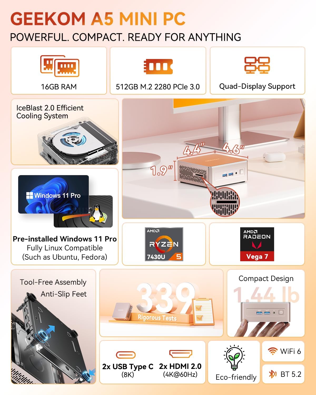 GEEKOM A5 Mini PC with AMD Ryzen 5 7430U  3-Year Coverage  16GB RAM(Upgradable  Not LPDDR)&512GB M.2 NVMe SSD  Windows 11 Pro Desktop Computer Support 8K/Wi-Fi 6/BT 5.2/USB 3.2/SD Slot/6x USB