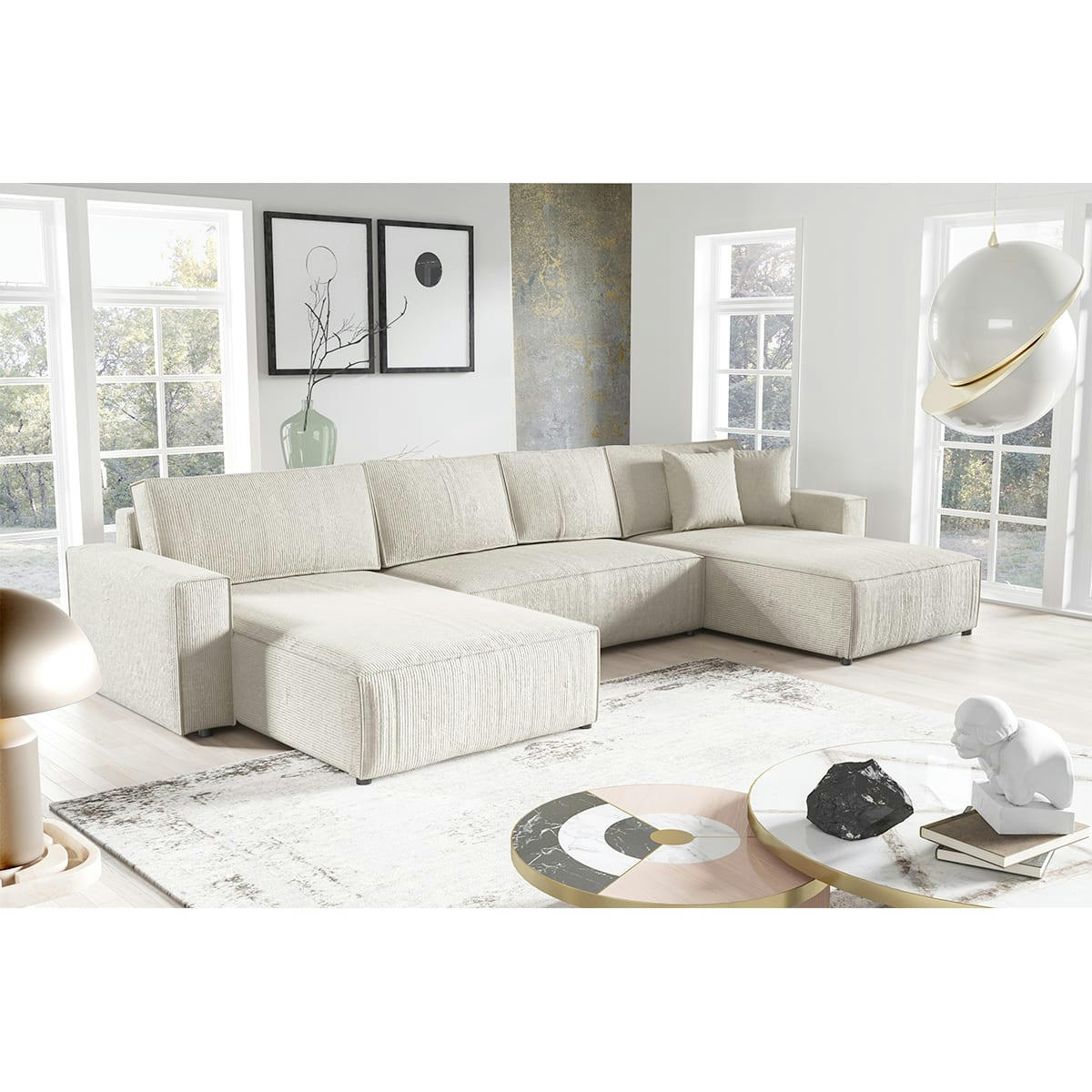 - Canapé en u 5 places velours côtelé blanc