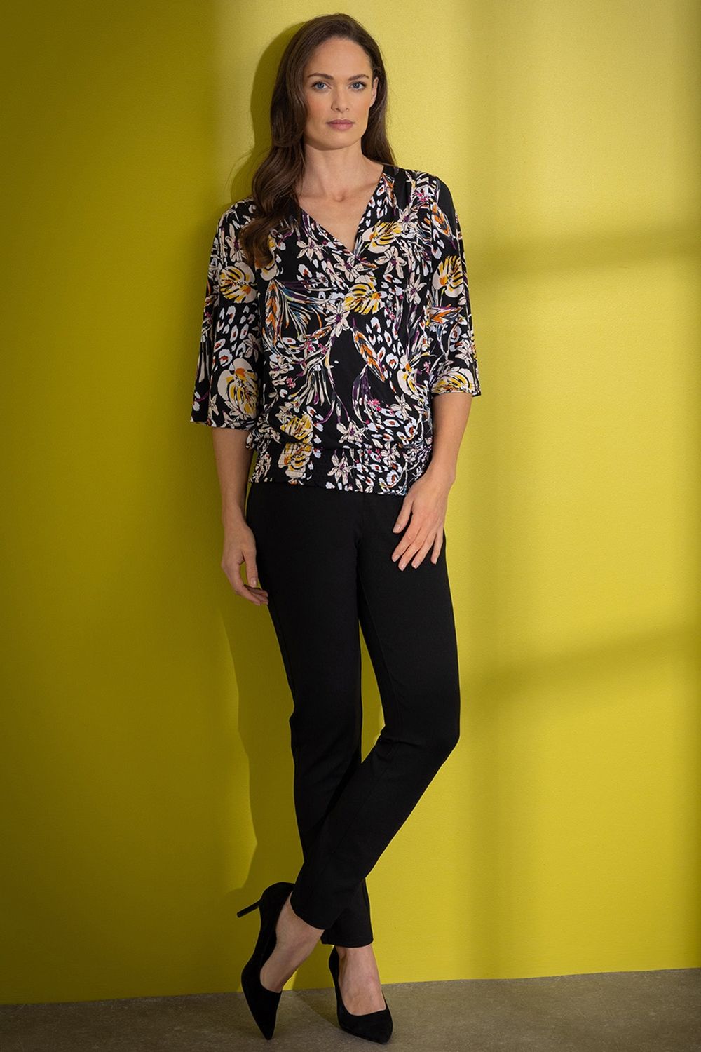 Klass. Printed Wrap Smocked Hem Top