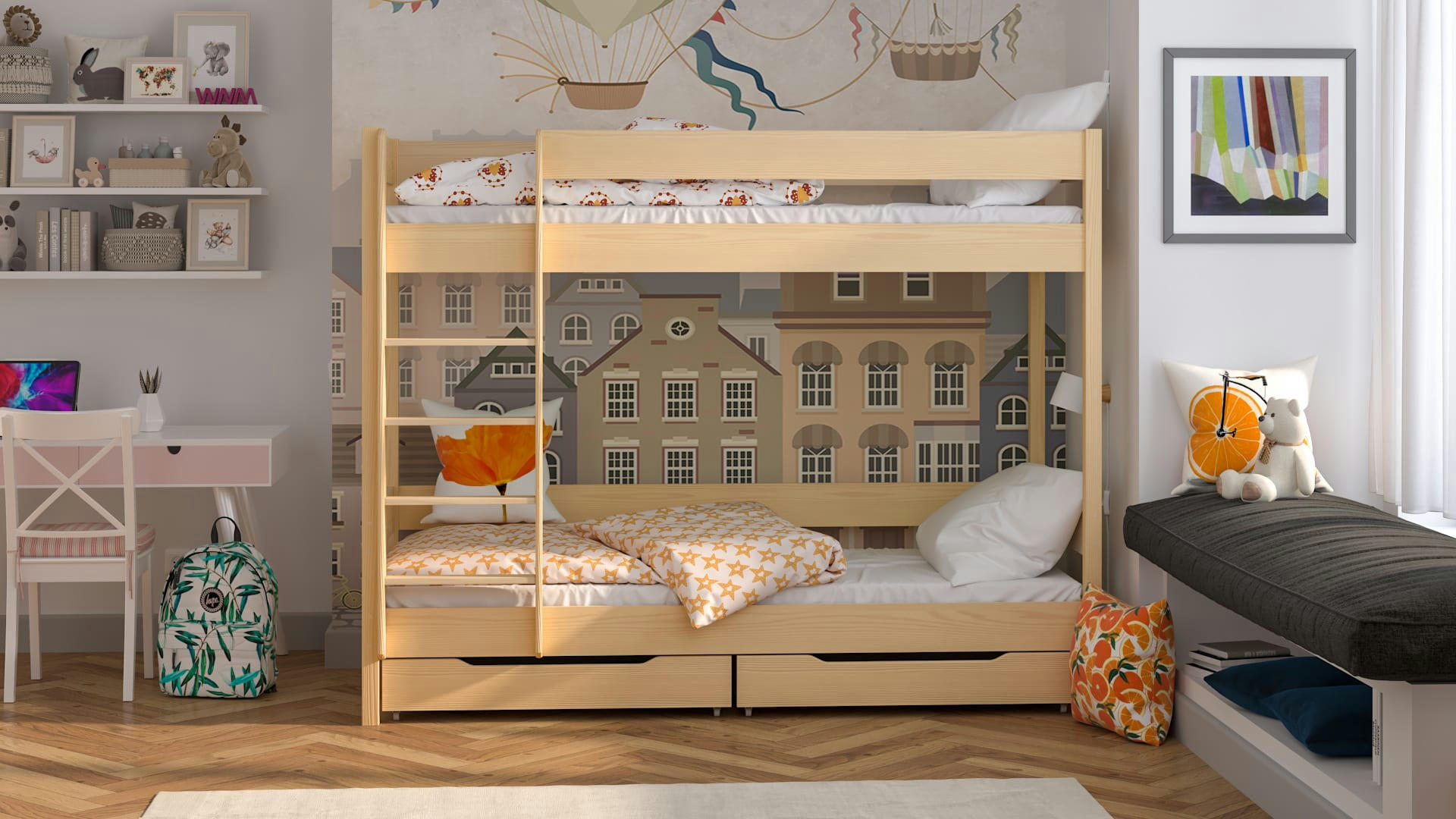 - Lit superposé en pin massif&MDF 200x90 chêne blanchi