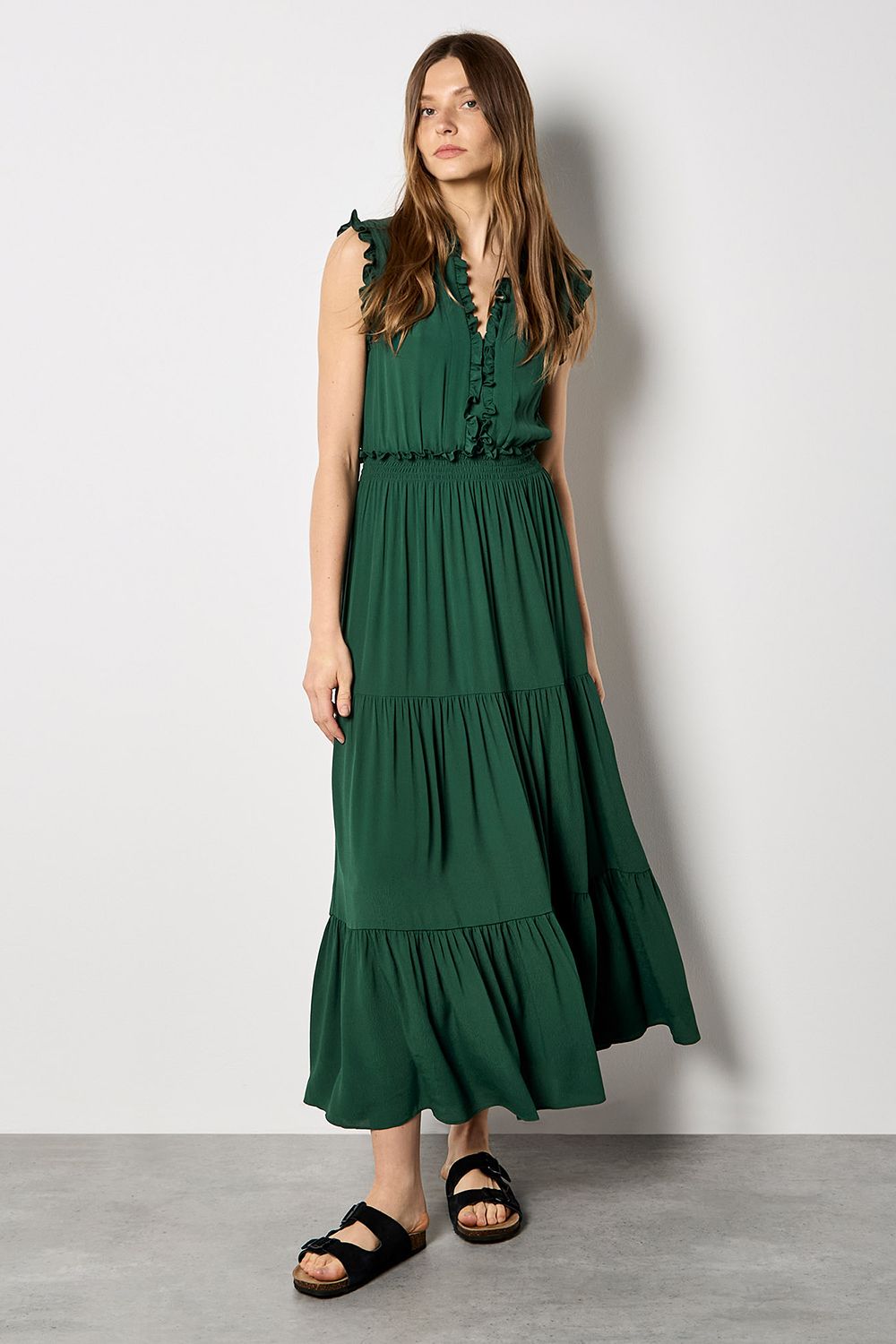 Apricot V-Neck Ruffle Tiered Maxi Dress