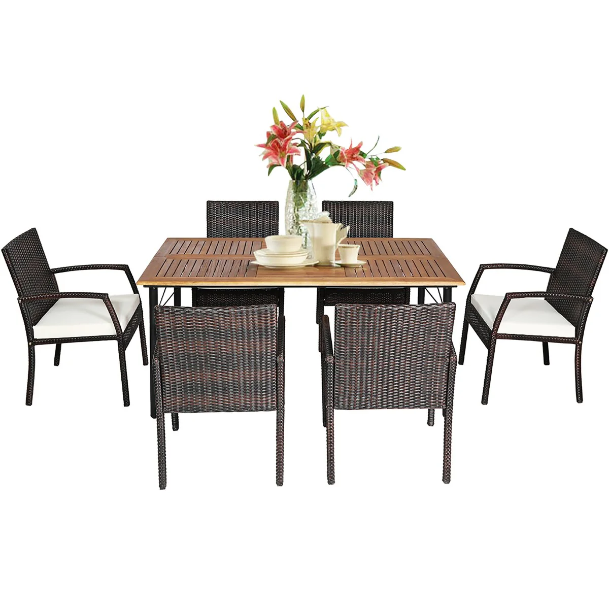 7-pcs Outdoor Rattan Dining Chair and Table Set w/ Umbrella Hole