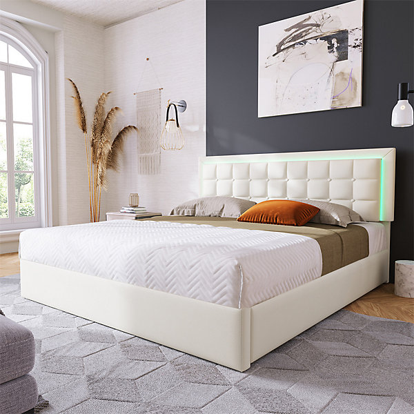 Lit adulte lit 180x200 cm lit rembourré lit de rangement lit sommier à lattes lit barre d'éclairage led lit double cuir pu blanc