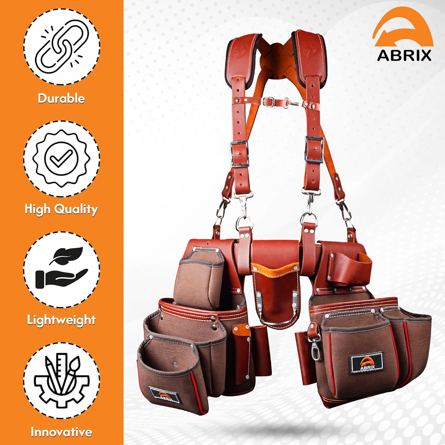 ABRIX Heavy Duty Nylon & Leather Tool Belt for Men Framing Rig Carpenter Tool Belt with Suspender Padded construction belt pauchas construccion (Extra Large, Tool Belt) (Dark Brown, with Suspender)