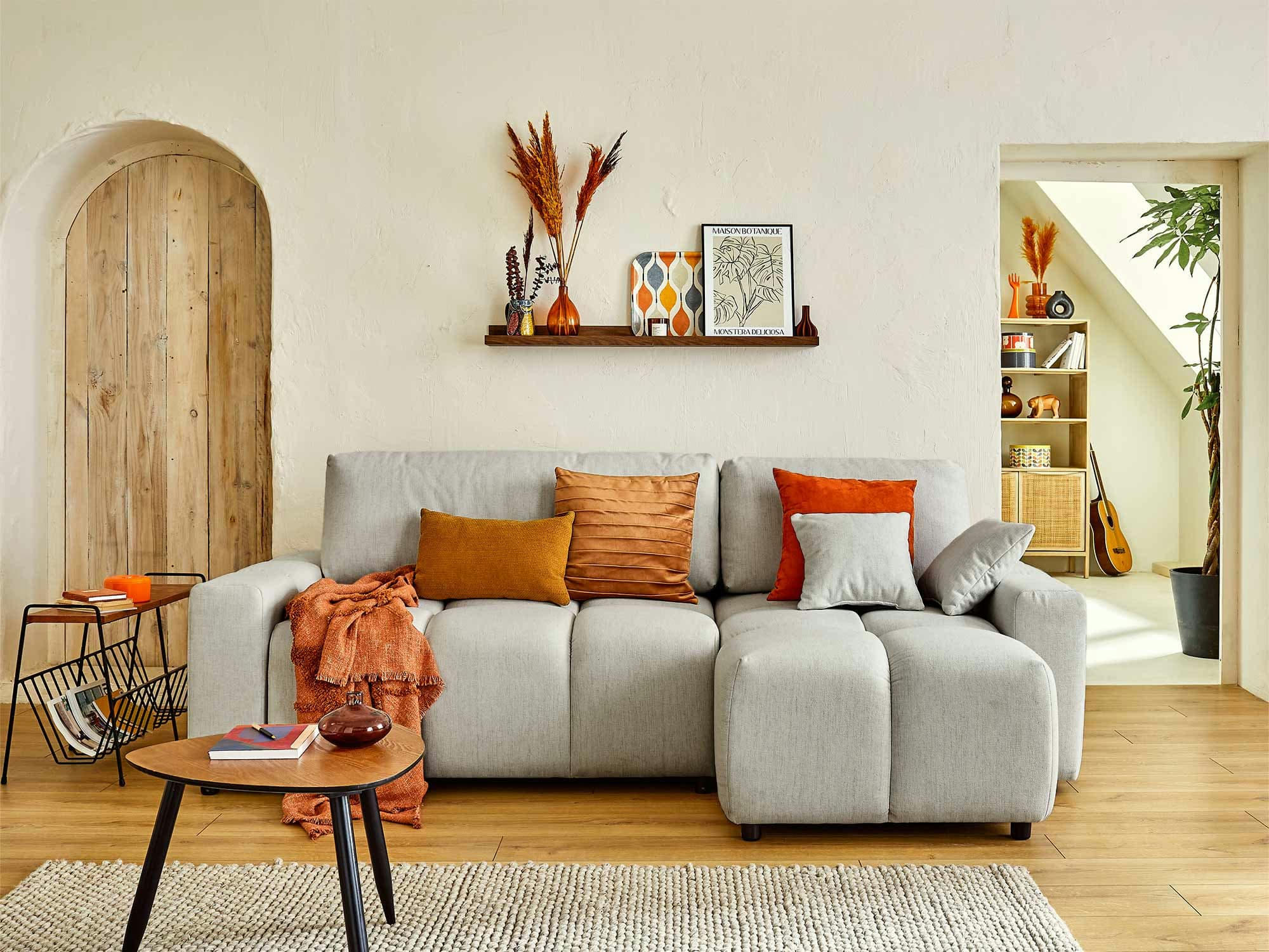 CROCUS - Canapé d'angle réversible convertible 4 places en tissu gris clair