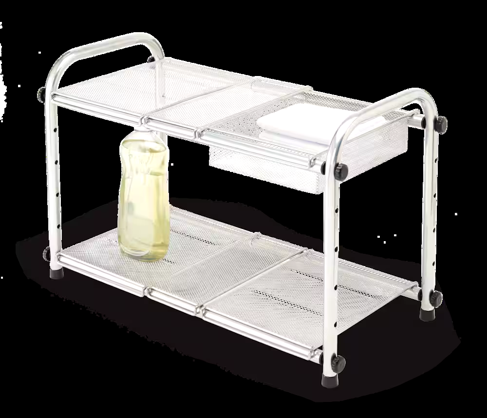 Type A Alpha Under-Sink Expandable & Adjustable Metal Storage Organizer Shelf with Basket, Chrome