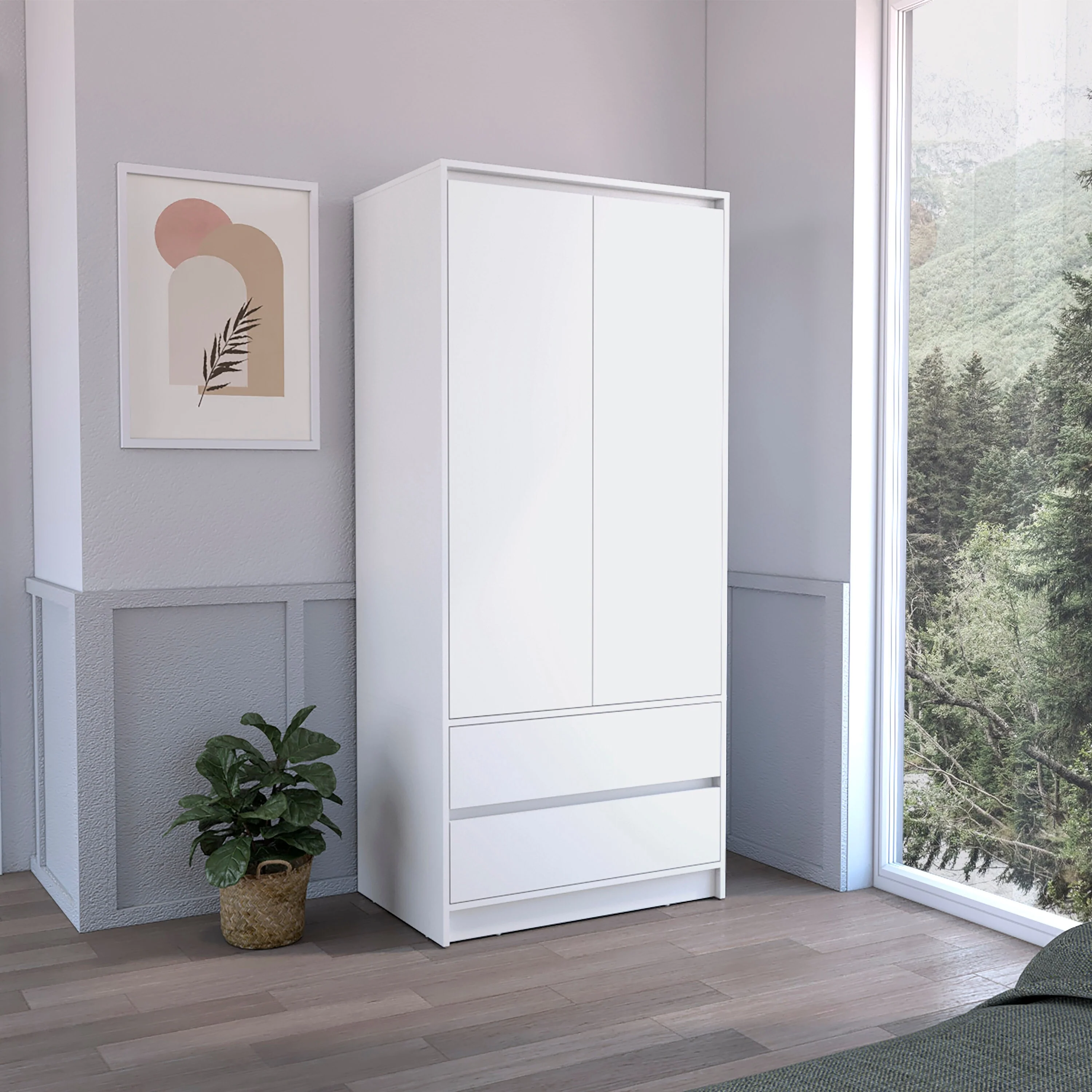 20.47 Modern Double-door Armoire with Two Drawers and Hanging Rod for Bedroom