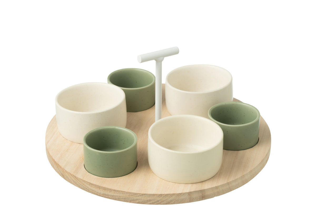 J-Line tapasplank 6 kommen   bambouschaal In Doos - keramiek/hout - wit/groen