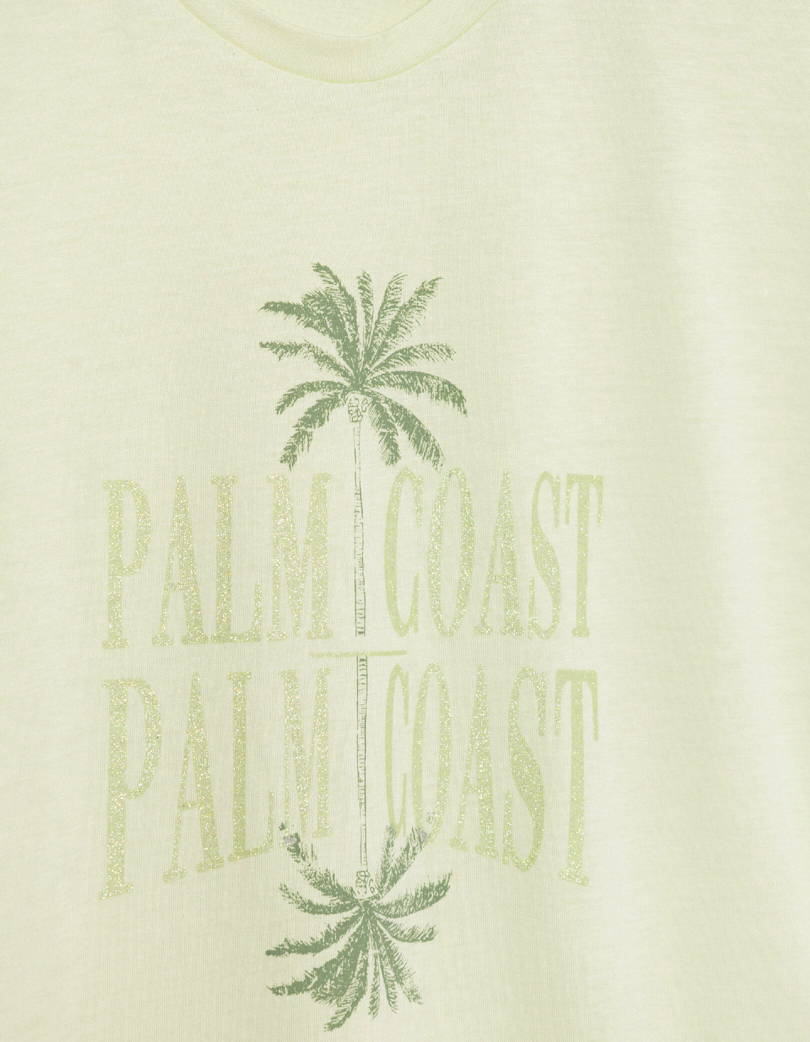 Tee-shirt vert visuels palmiers et message pailleté Femme