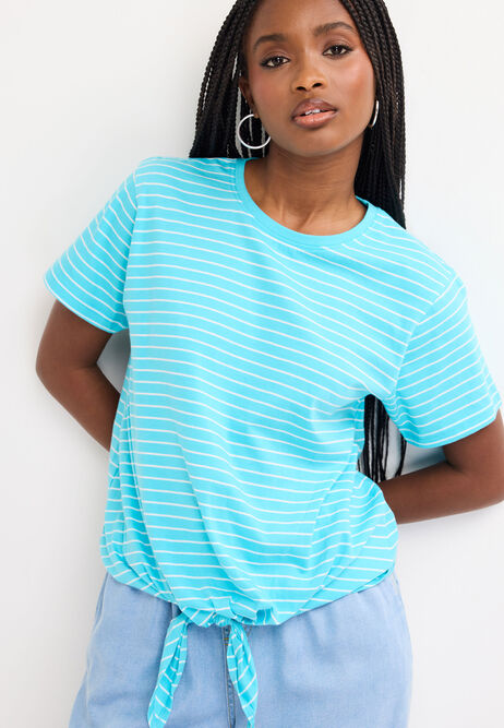 Womens Turquoise Cotton Stripe Front Knot T-Shirt