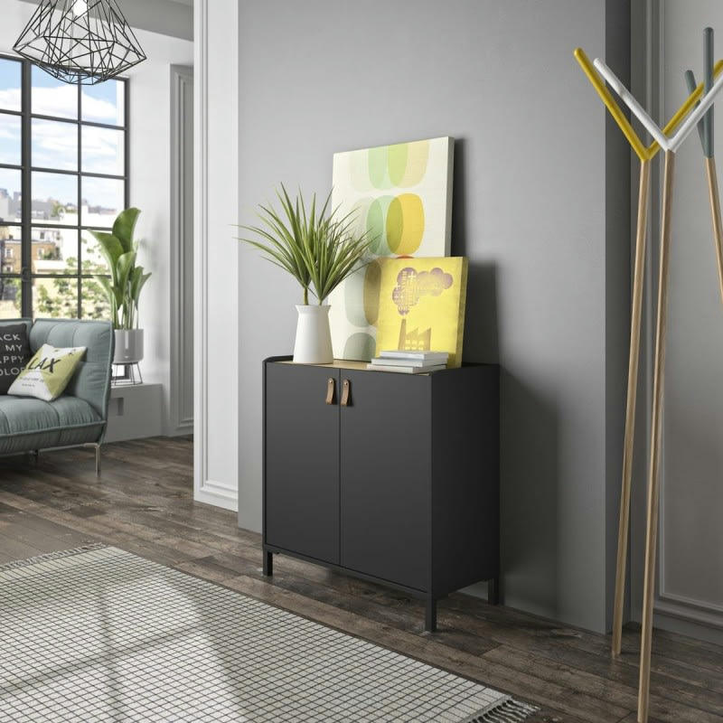 LUCAS - Meuble buffet 2 portes décor châtaignier naturel et noir