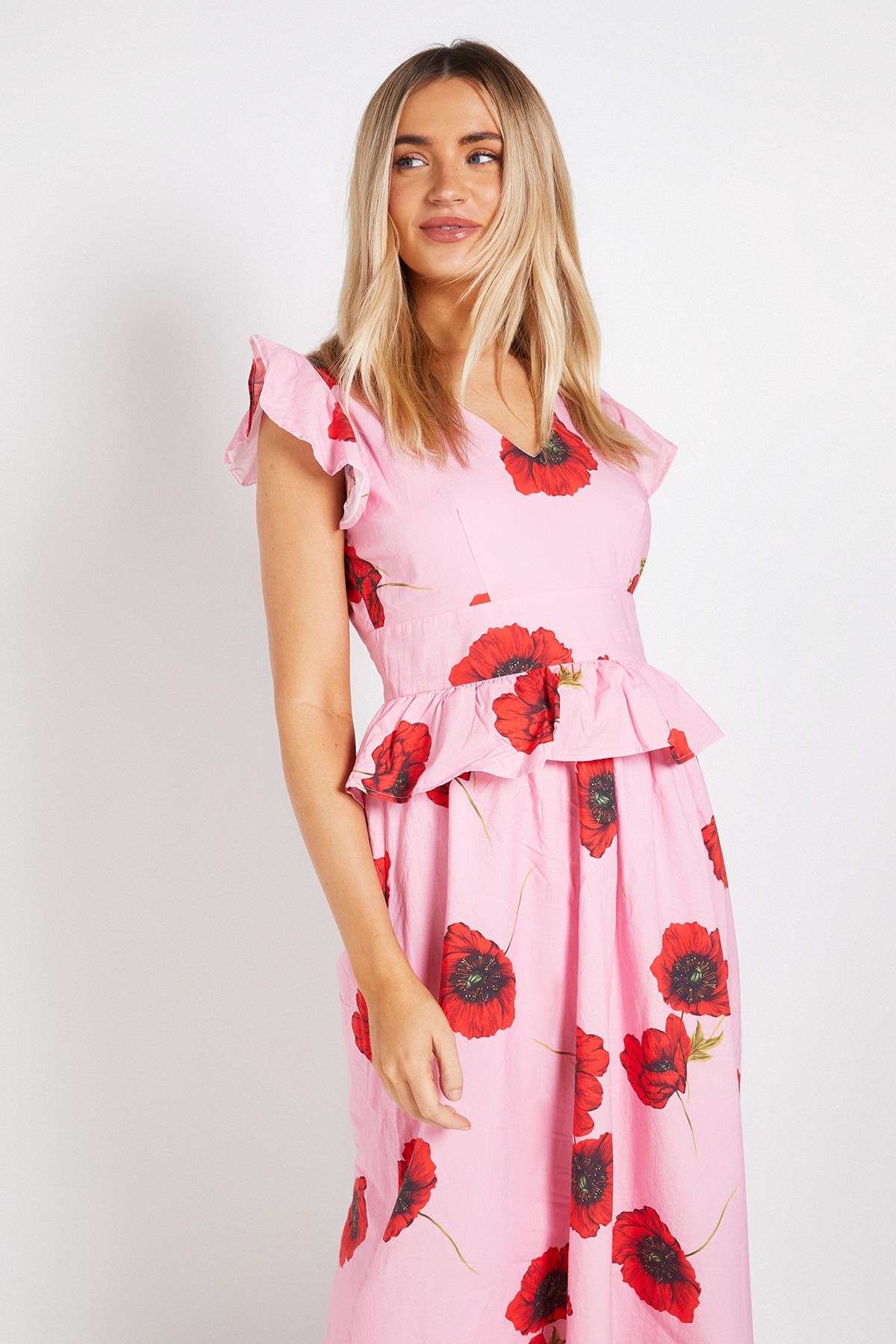 Dorothy Perkins DP Luxe Peplum Frill Detail V Neck Printed Maxi Dress
