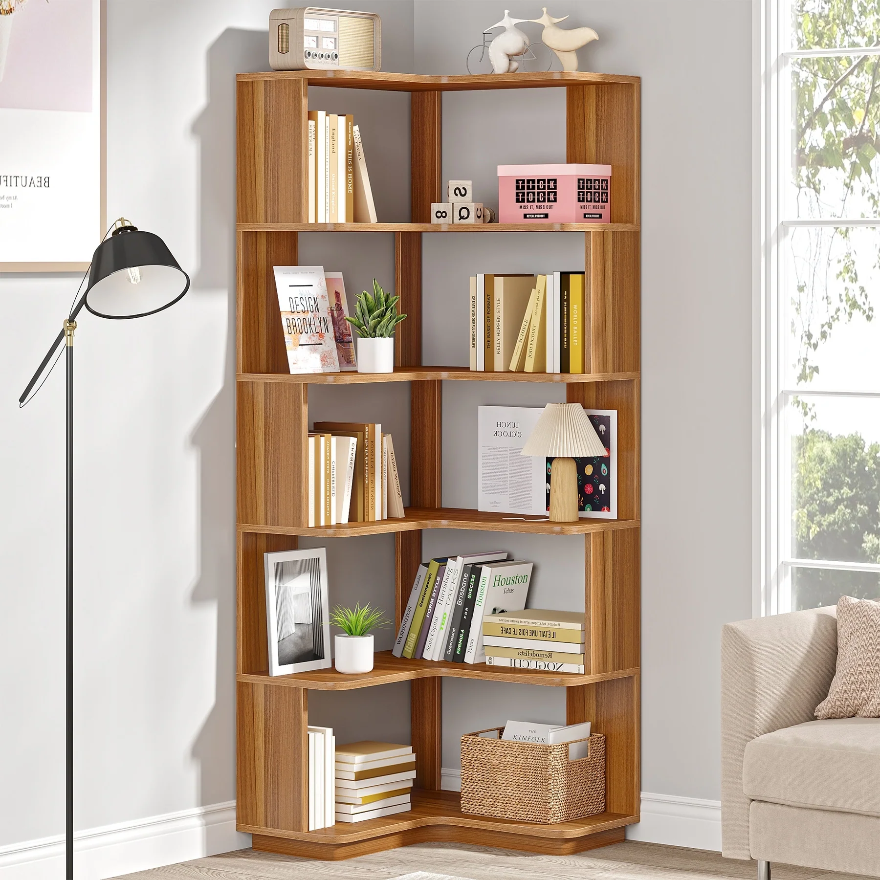 6-Tier Corner Bookshelf, 64.9 Inch Industrial Bookcase with Baffles