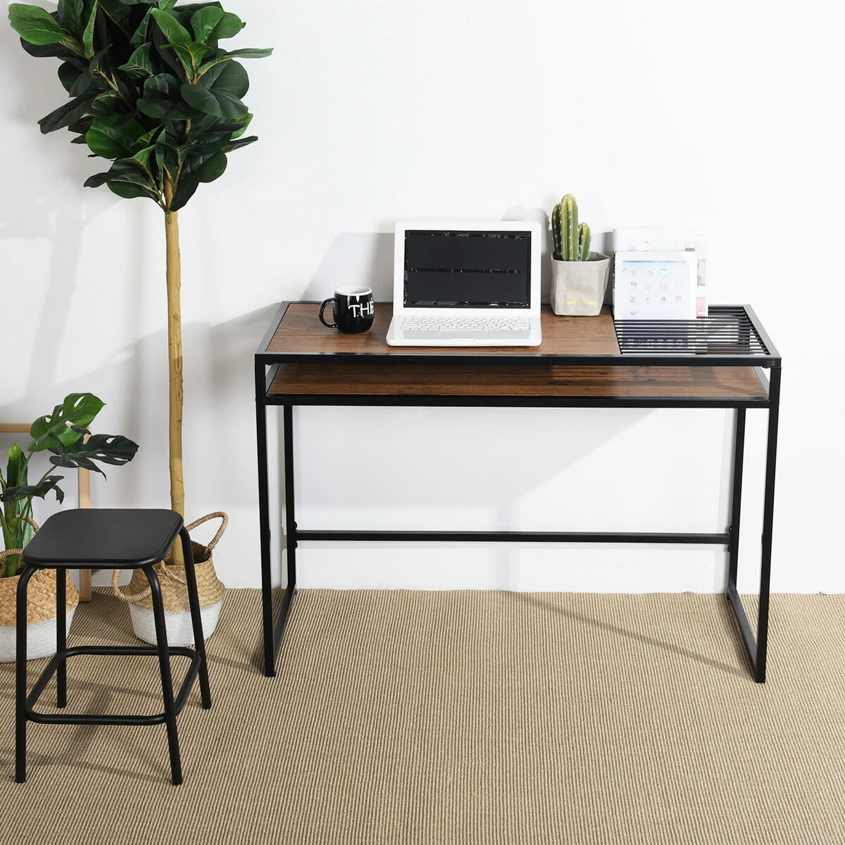 - Bureau compact industriel avec rangement porte revue 110x47