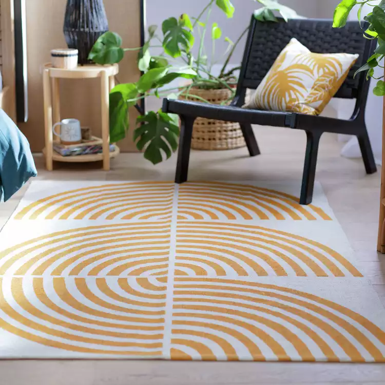 Habitat Global Swirl Yellow Cotton Flatweave Rug -120X170cm