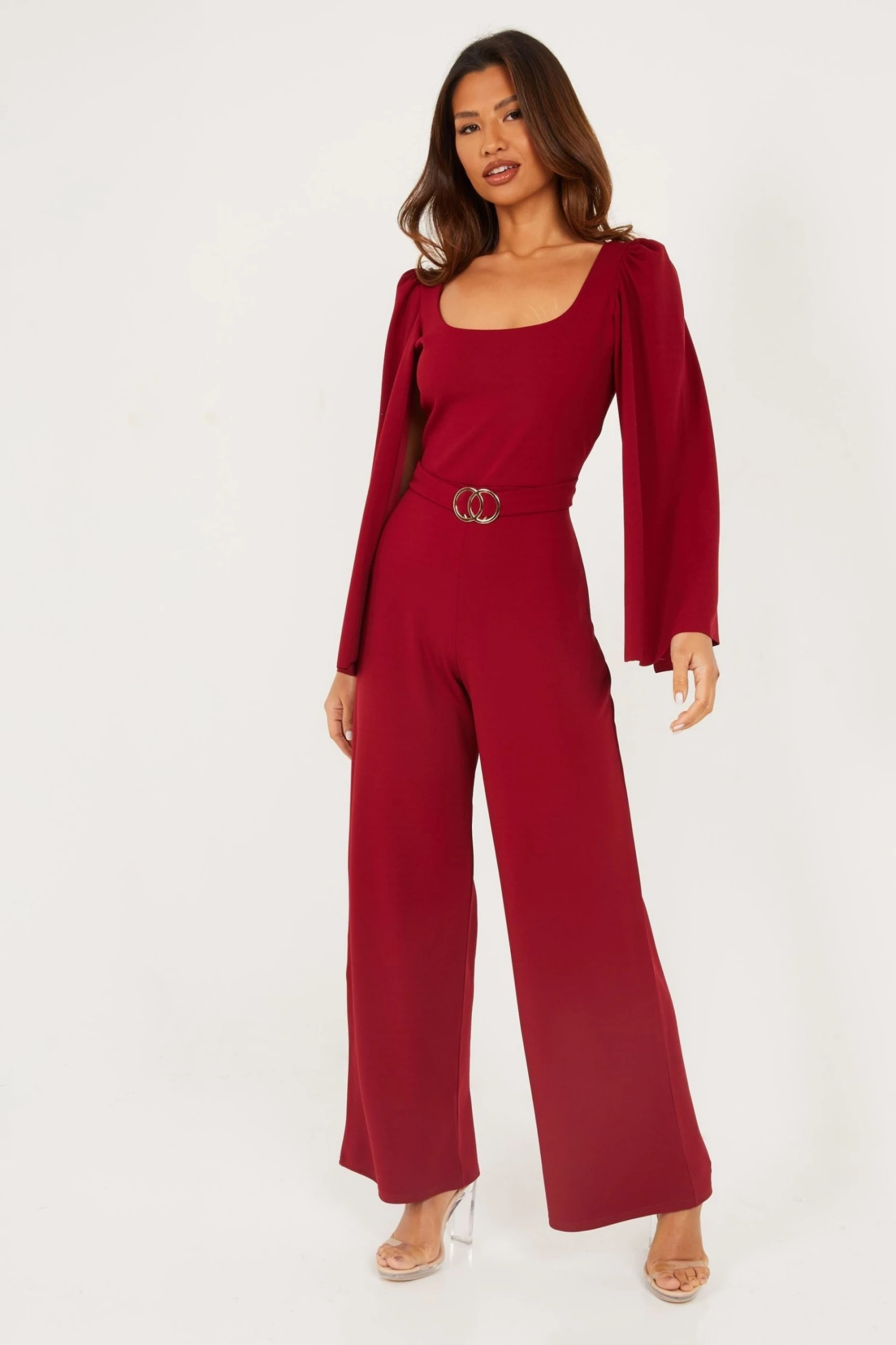 Quiz Red Scuba Crepe Cape Buckle Detail Jumpsuit