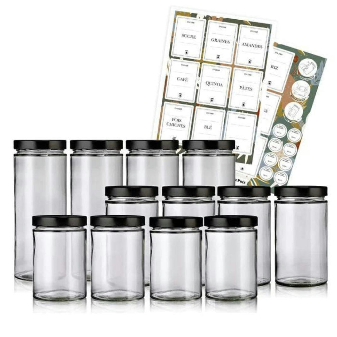 PACK EPICERIE - Pack épicerie - 12 bocaux couvercles noirs + étiquettes