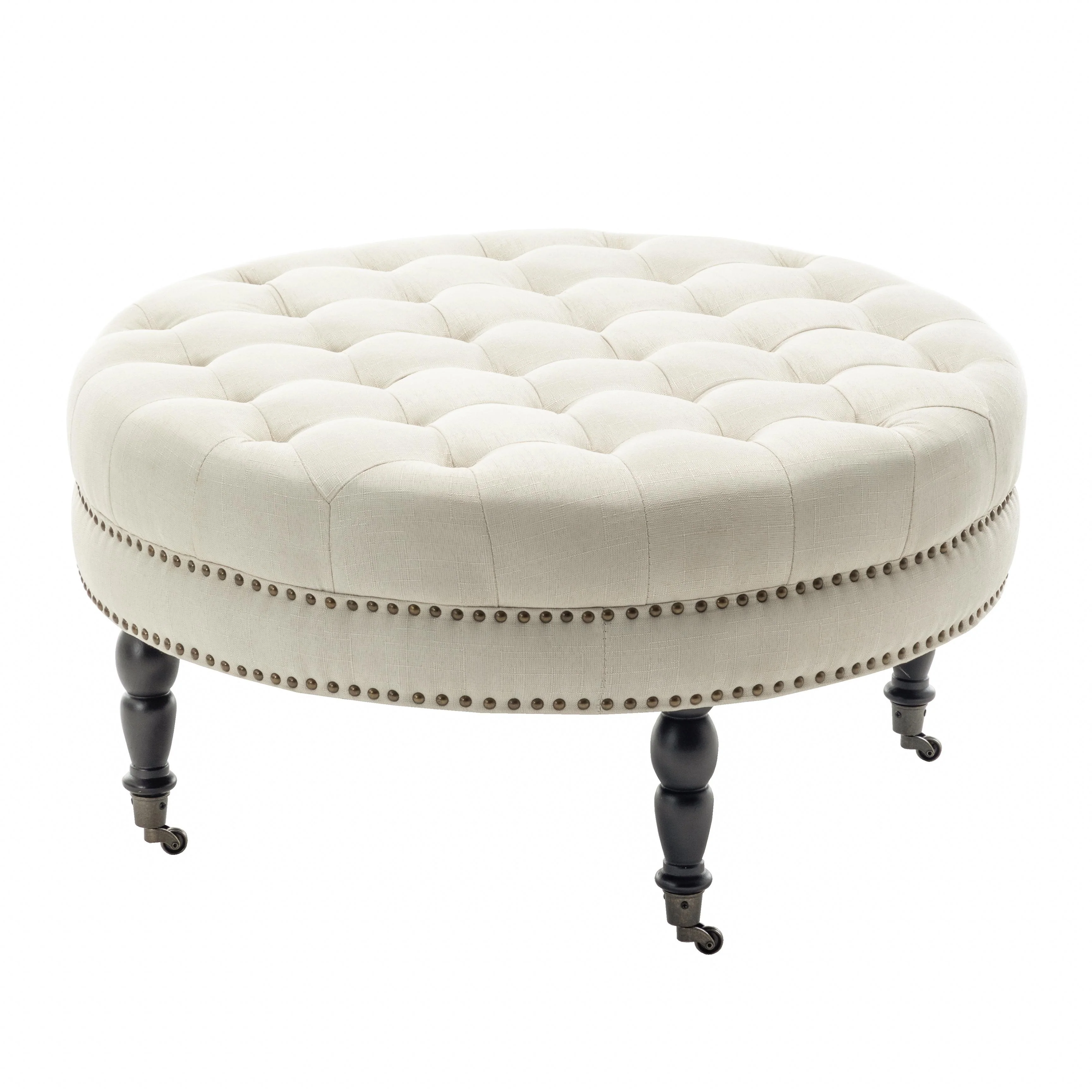 Porthos Home Indy Fabric Round Cocktail Ottoman with Rubberwood Legs and Wheels
