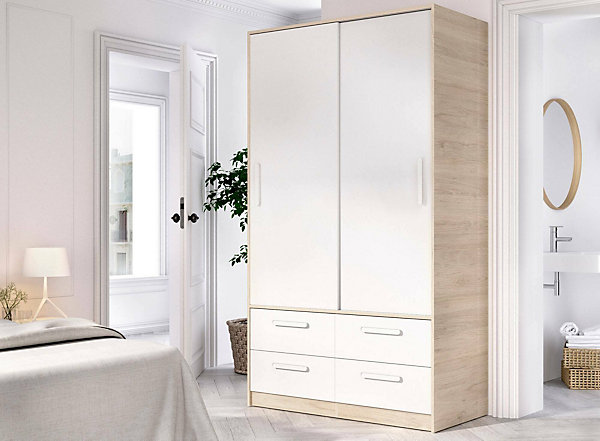 Garde-robe 2 portes Kirogi, Meubles de chambre, Penderie de plain-pied, Placard à vêtements, 120x60 h204 cm, Blanc et Chêne clair
