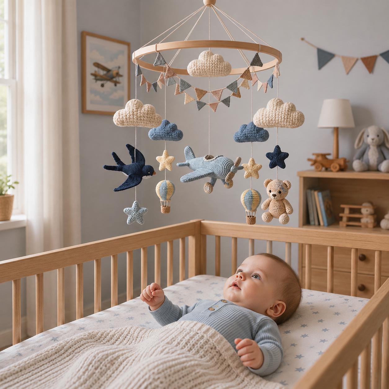 Airplane Baby Mobile, Crochet Baby Crib Mobile, Vintage Aviation Nursery Decor, Teddy Bear & Swallow Mobile, Baby Shower Gift, Newborn Gift