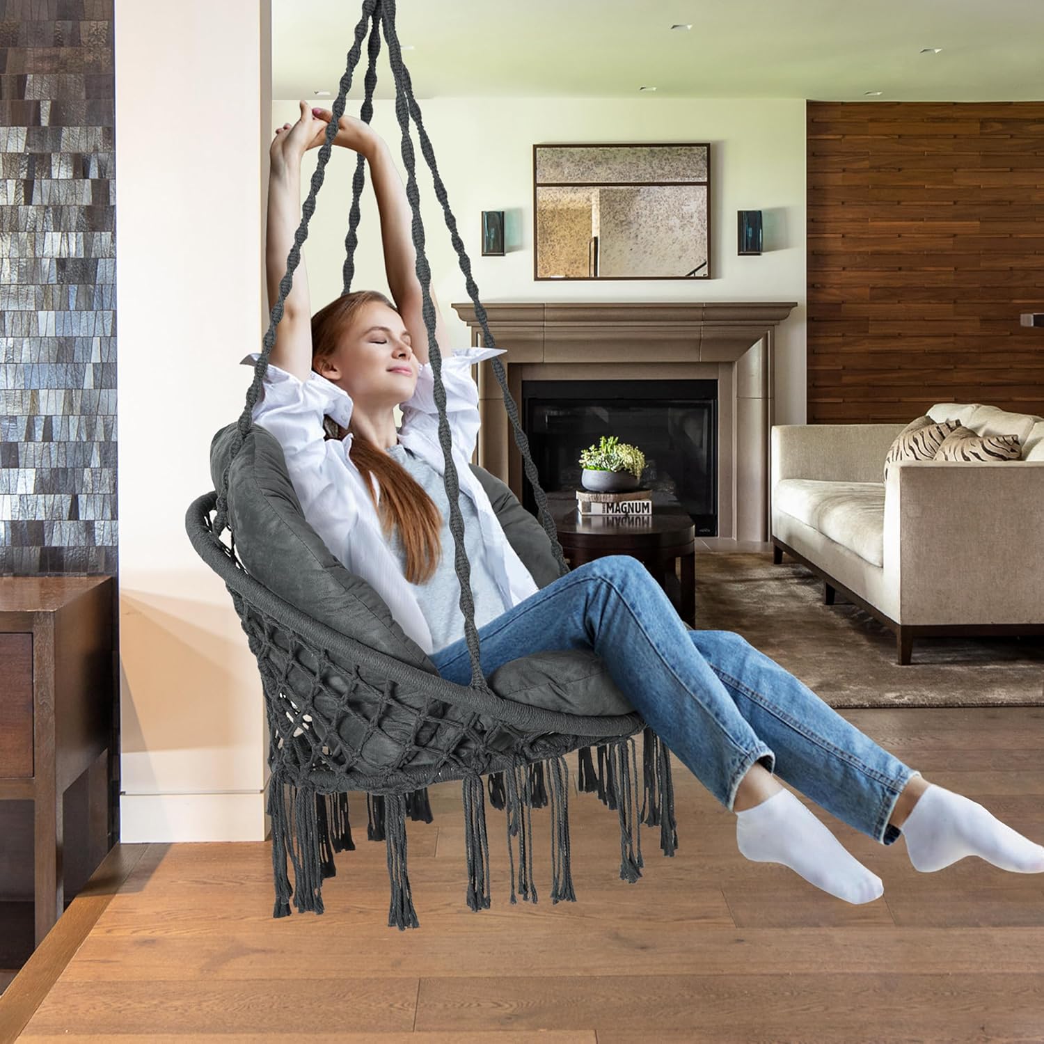 Hammock Chair with Cushion, Handmade Macrame Swing Chair with Hanging Hardware Kits, Bohemian Style Cotton Rope Hanging Chair for Bedroom Indoor Outdoor, Dark Grey